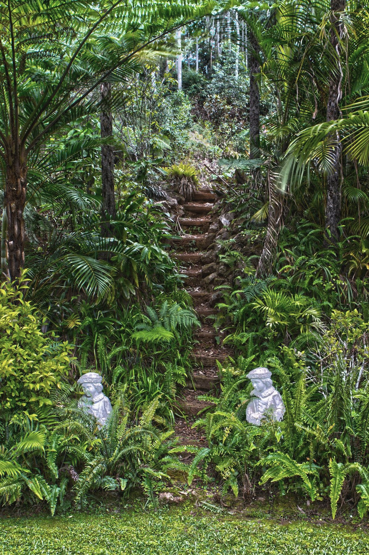 Stone steps flanked by garden statues, climbing through ferns and palms